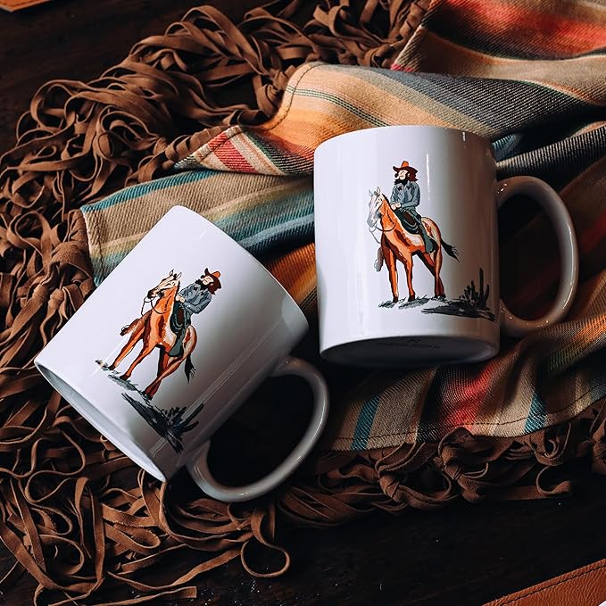 Paseo Road Ranch Life 16 Piece Ceramic Dinnerware Set with Plates, Bowls, Coffee Mugs, Duffle Bag, Cow Longhorn Horse Cowboy Pattern, Southwestern Rustic Cabin Lodge Style