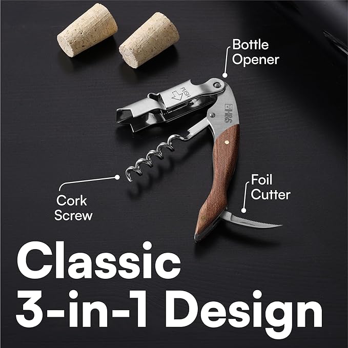 H&S Stainless Steel Waiters Corkscrew for Wine Bottle - Professional Wine Bottle Opener with Wooden Handle - 3-in-1 Function Corkscrew Bottle Opener for Smooth Opening