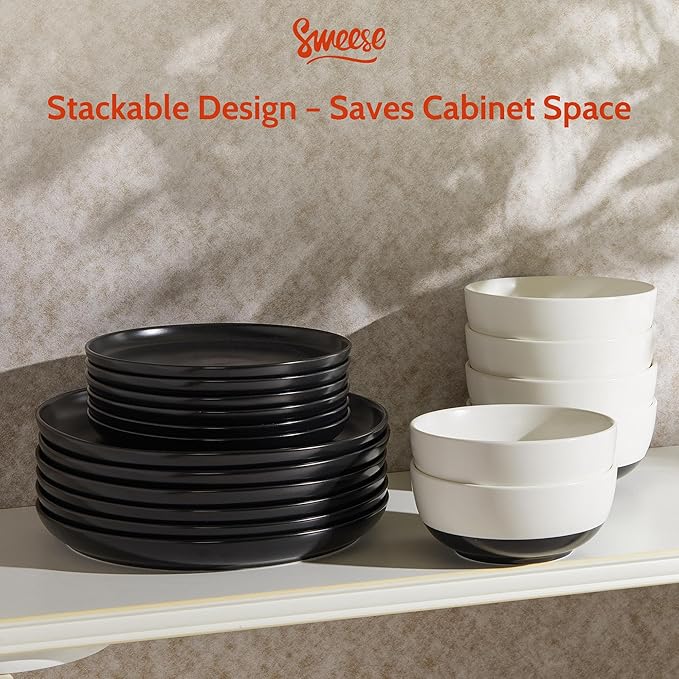 Sweese Dinnerware Sets Service for 6, 18 pcs Matte Glaze Plates and Bowls Sets, Handmade Porcelain Dish Set, Highly Chip and Crack Resistant Modern Dinner Set, Black White