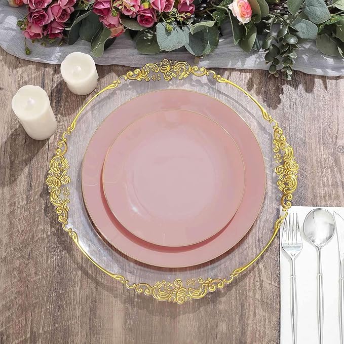 Efavormart 10 Pack | 8" Glossy Dusty Rose Round Plastic Dinner Plates With Gold Rim, Disposable Party Plates