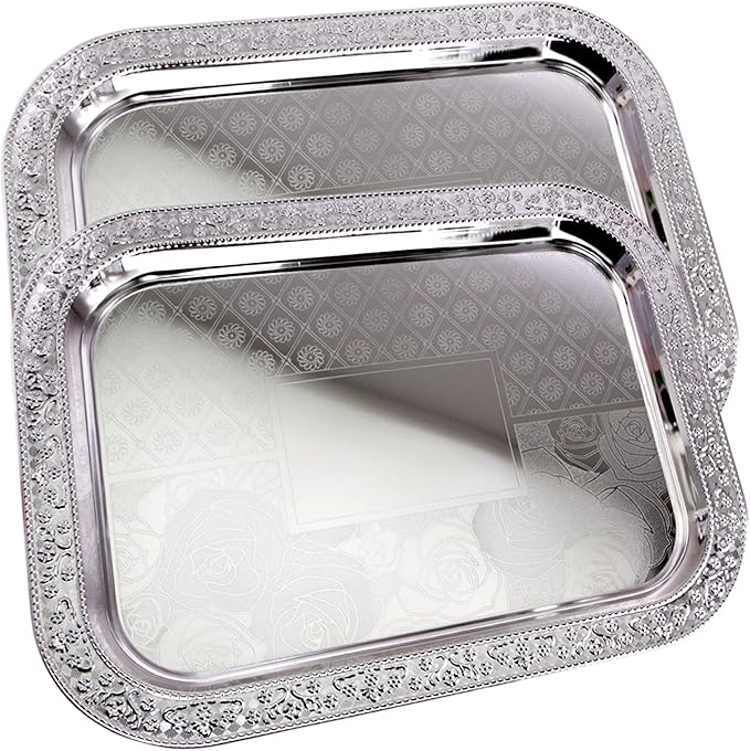(Pack of 2) 19.1 inch x 14.4 inch Oblong Chrome Plated Serving Tray Stylish Design Floral Engraved Edge Decorative Party Wedding Dessert Buffet Wine Platter Plate Birthday Gift NC-063
