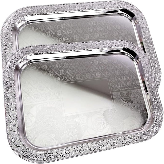 (Pack of 2) 19.1 inch x 14.4 inch Oblong Chrome Plated Serving Tray Stylish Design Floral Engraved Edge Decorative Party Wedding Dessert Buffet Wine Platter Plate Birthday Gift NC-063