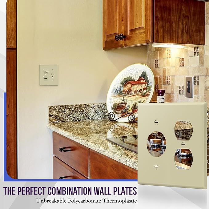 ENERLITES Combination Duplex Outlet/Single Receptacle 1.406" Hole Wall Plate Cover, Standard Size 2-Gang 4.50" x 4.57", Polycarbonate Thermoplastic, UL Listed, 882151-I, Ivory
