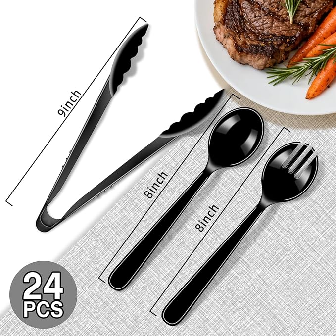 24 Pcs Black Serving Utensils Set For Parties - 8 Tongs, 8 Spoons, 8 Forks - Heavy Duty Plastic Disposable Serving Utensils Set for Buffet, Wedding, Holiday Events Catering Supplies