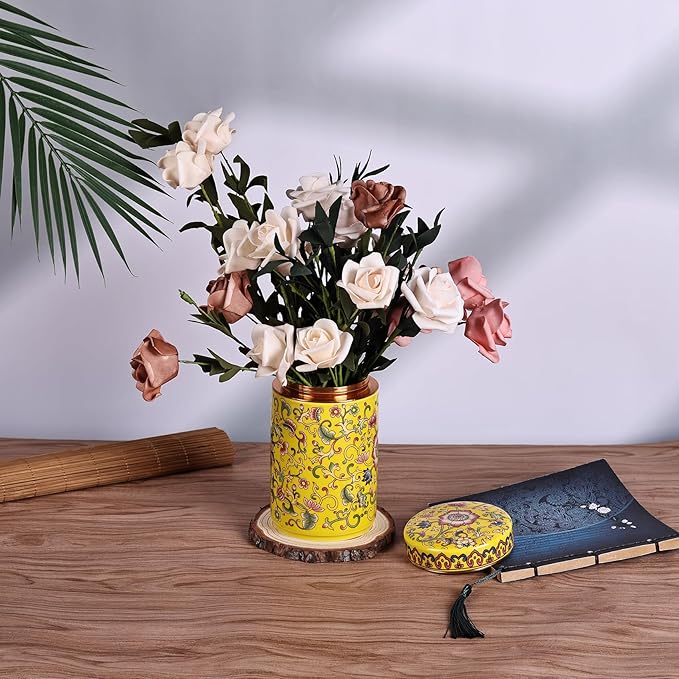 XINGYAN Chinoiserie Enamel Ginger Jar with Twist Lid - Traditional Chinese Blue and White Porcelain Style-Cylinder Design (Yellow Cylinder)