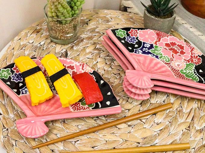 Ebros Pack Of 4 Colorful Oriental Folding Fan Shaped Appetizer Sushi Dessert Serving Dish Plates Decorative Asian Themed Artistic Dinner Lunch Serveware Plate Set (Pink Floral Garden Blooms)