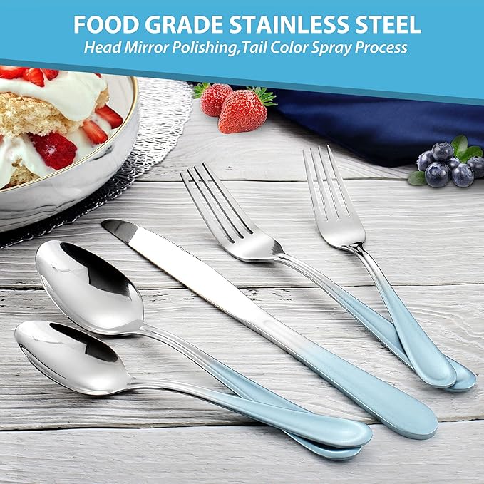 Blue Silverware Set,20 Piece Stainless Steel Flatware Set,Mirror Polished Tableware Cutlery Sets,Reusable Flatware Sets,Utensil Sets for Kitchen,Service for 4,Dishwasher Safe(Gradient Blue Silverware)