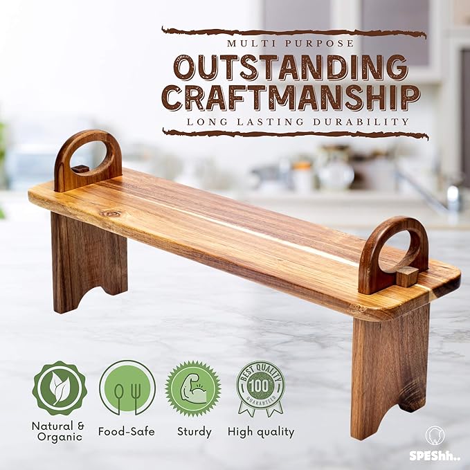 Acacia Wooden Serving Board on Stand – Raised Wood Serving Trays Platter – Home Kitchen Countertop Organizer Shelf & Large Charcuterie Tray for Cheese Party Food 21.5 X 6 x 8.7 inches