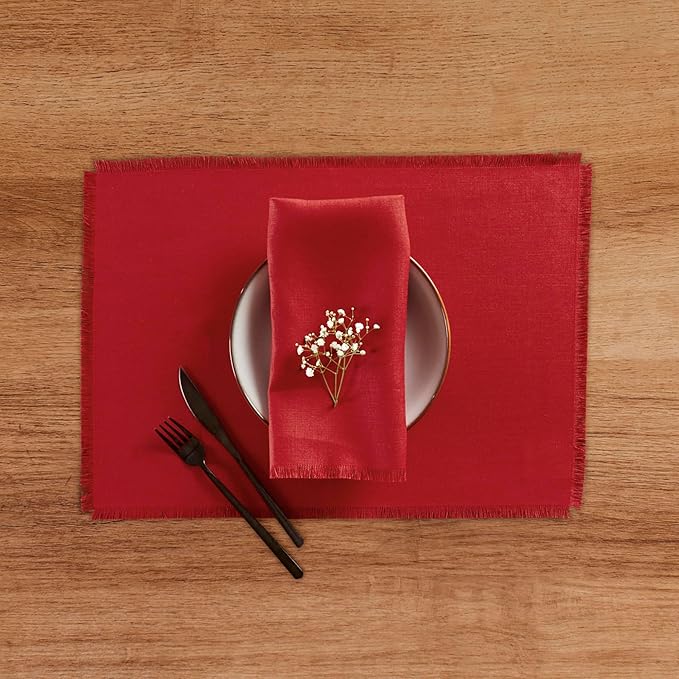 Solino Home Fringe Linen Placemats Set of 4-14 x 19 Inch Placemats Cherry Red - 100% Pure Linen Table Mats for Christmas, New Year