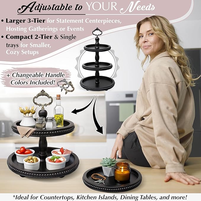[3-in-1] Wooden Tiered Tray Stand - Beaded 3 Tiered Tray Decor Wood Cupcake Stand for Farmhouse Country Rustic Home - 3 Tier Stand [with 3 Changeable Handles] by Felt Creative Home Goods (Black)