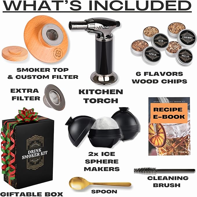 Cocktail Smoker Kit - Whiskey Bourbon Drink Smoker with Torch, Custom Top, 2 Ice Ball Makers, 4 Flavors Wood Chips - Smokers for Whiskey Drinks - Cocktail Drink Smoking Kit - Unique Gifts for Him