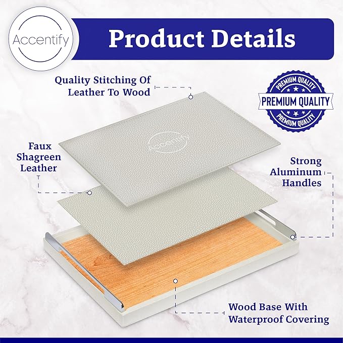 Large Serving Tray 18 by 14 Inch, Luxury Faux Shagreen Leather Ottoman Tray with Metal Handle, Waterproof and Sturdy Tray for Coffee Table, Makeup, Vanity, Organizer, Decorative Tray, Ivory