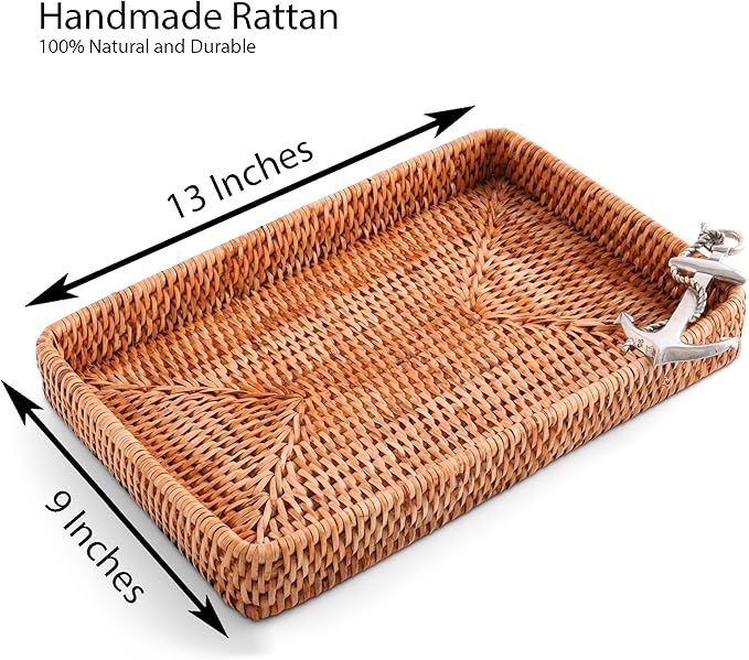 Vagabond House - Rattan Tray, Handmade Wicker Tray, Basket Tray, Coastal Nautical Design with Pewter Anchor, 12x9 Inches, Eco-Friendly, Hand Woven for Ocean Theme Home