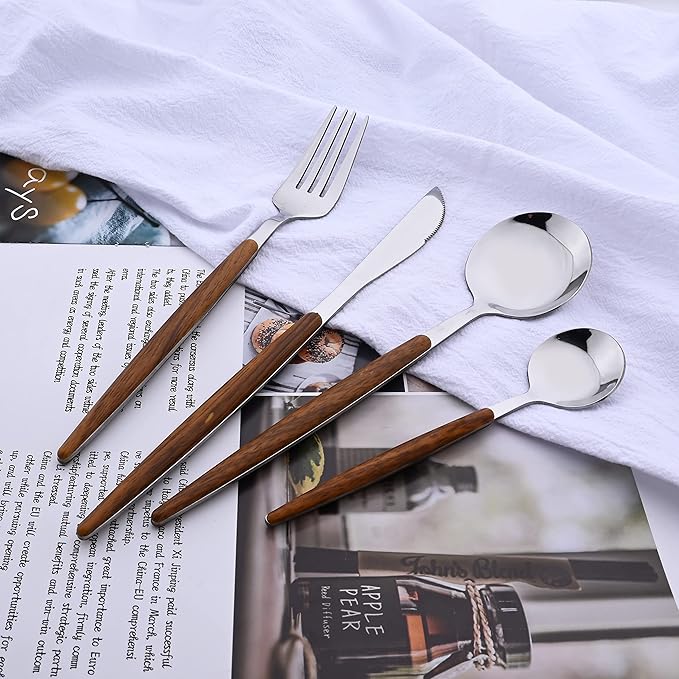 24-Piece Silverware Set for 6, Silver Mirror Polished Stainless Steel Flatware Set, Wooden Effect Handle Utensil Set for Home Hotel Restaurant, Family Cutlery Set Include Knife Fork Spoon