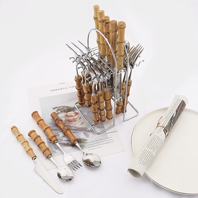Bamboo Silverware set, 25 PCS Natural Bamboo Flatware Set with Holder, Stainless Steel Forks Spoons and Knives set with Bamboo Handle, Silver Cutlery Set with Stand, Service for 6