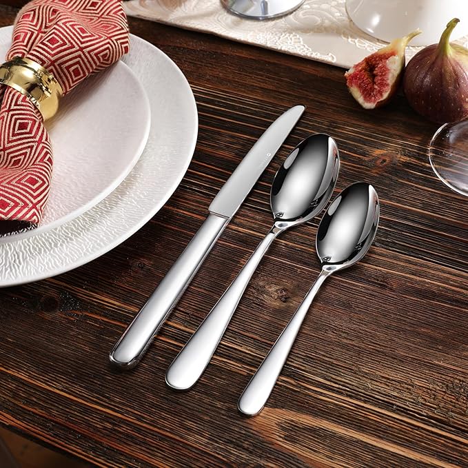 KEAWELL Premium 65-Piece Louise Silverware Set, 18/10 Stainless Steel, Service for 12, Fine Flatware Set, Smooth and Exceptional mirror finish, Dishwasher Safe (65)