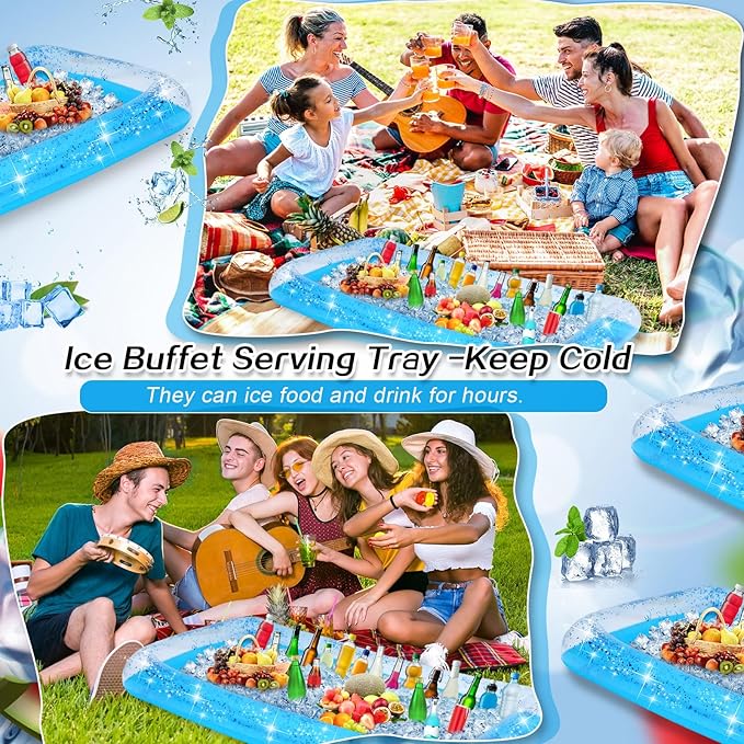 Leitee Inflatable Serving Bar with Drain Plug 52 x 24 x 5'' Inflatable Ice Serving Buffet Bar for Party Food Cooler Buffet Drink(Blue,Sequin Style)
