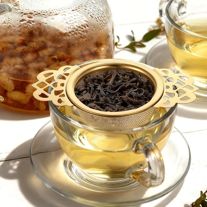 8 Pack Tea Strainer Bowl, 304 Stainless Steel Tea Drain Strainer TeaFilter Mesh TeaDrip Bowls Teapot Strainers With Petal Handles TeaDivider for 2.5-4 Inch Cup Mouth, Gold