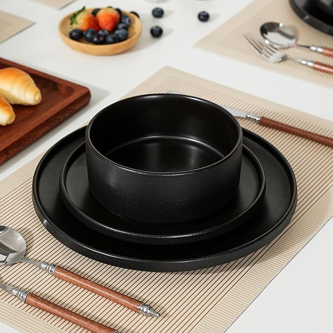 24 Piece Ceramic Dinnerware Set for 8, Modern Minimalist Stoneware Dinner Plates and Bowls, Microwave Safe, Dishwasher Safe, Versatile for All Seasons, Matte Black