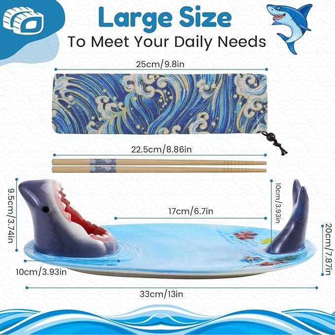 Shark Plates, Upgraded 3-in-1 Shark Sushi Plate, Shark Sushi Plate, Shark Plate with Sauce Compartment, Food Safe Material, Microwave/Oven/Refrigerator/Dishwasher Safe (ellipse)