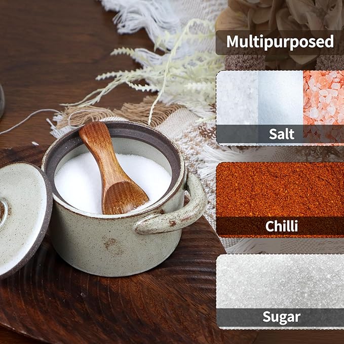 Speckled Ceramic Salt Cellar with Lid and Wooden Spoon, Rustic Spice Jar, Farmhouse Sugar Bowl for Sea Salt, Sugar, Spice and Kitchen Decor (Light Gray)