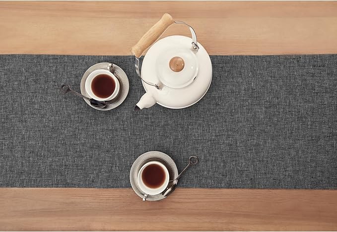 Solino Home Linen Table Runner 120 Inches Long - Athena, 100% Pure Linen Charcoal Grey 14 x 120 Inch Table Runner for Dining, Winter