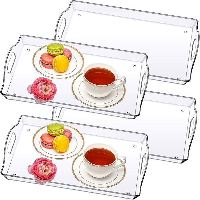Amazing Abby - Tracia - 4-Pack Acrylic Clear Serving Tray (15" x 10"), Plastic Tray Organizer, Space-Saving with Built-in Handles, Perfect for Coffee Table, Kitchen Counter, and Breakfast in Bed