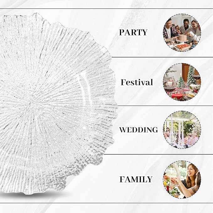 MAONAME 13" Clear Charger Plates, Round Reef Chargers for Dinner Plates, Plastic Plate Chargers for Table Setting, Wedding Decor, Set of 12