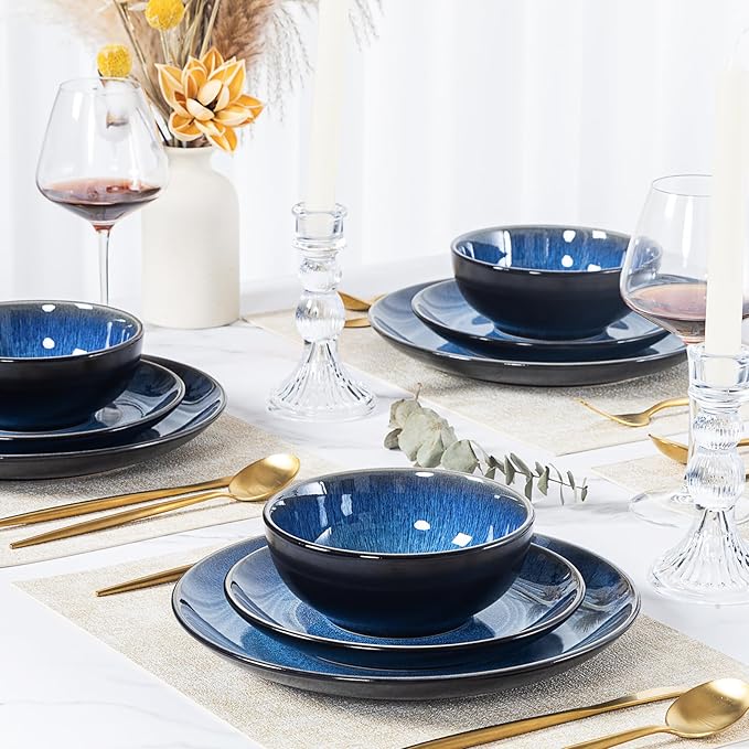 Plates and Bowls Sets for 6 - CJDC-QUELO 24-Piece Stoneware Dinnerware Sets, Ceramic Dishware Set for Indoor Kitchen Use and Formal Dining, Chip and Scratch Resistant Microwave Dishwasher Safe, Blue