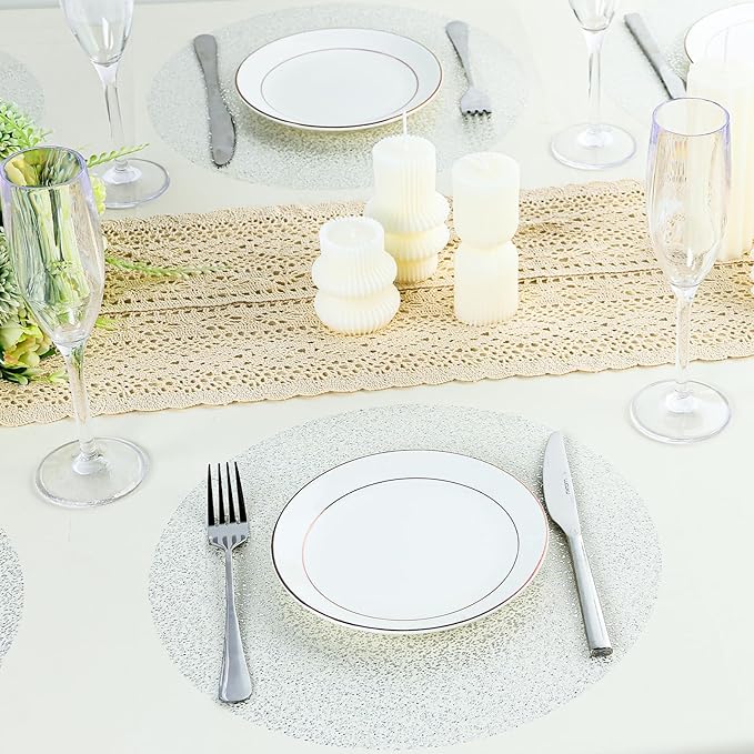 50 Piece Silver Placemats 13 Inch Disposable Silver Foil Place Mats Round Mesh Pressed Paper Placemat for Elegant Wedding, Birthday Party, Church Banquet, Dinners, and Dining Room Table Decor