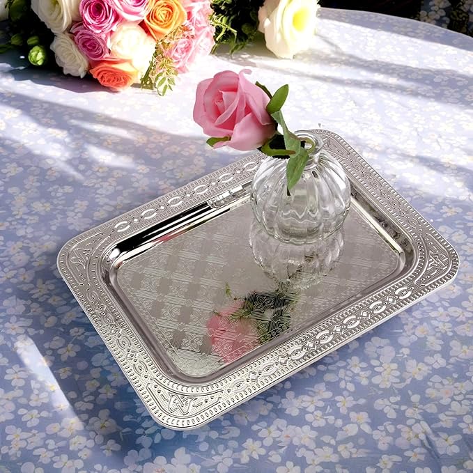 (Pack of 3) 14.2 inch x 10.2 inch Oblong Chrome Plated Serving Tray with Handles Stylish Design Iron Gold Floral Engraved Decorative Wedding Dessert Buffet Wine Platter Plate NC-262