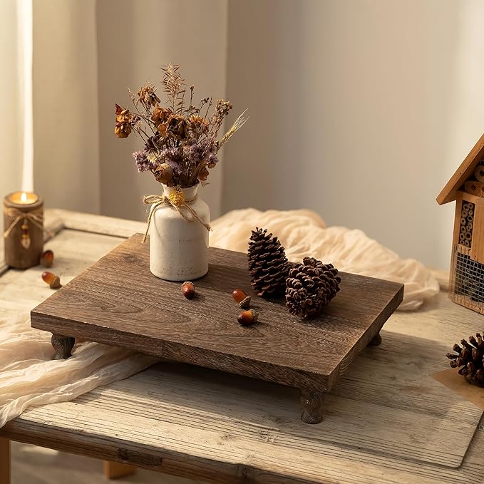 Hanobe Wooden Riser Decorative Tray: Farmhouse Wood Pedestal Display Stand Rustic Brown Tray Riser Centerpiece for Coffee Bar Kitchen Dining Room Home Table Decor, Short & Tall Footed