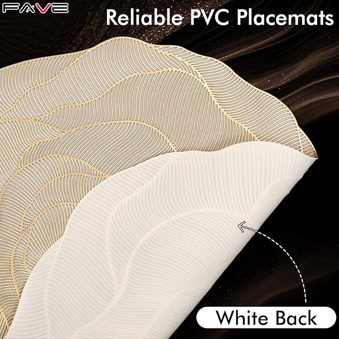 FAVE 6PCS Floral Placemats Golden Placemats Vinyl Placemats Set of 6 for Dining Table Durable Table Mats for Wedding, Banquet, Birthday, Party, Restaurant Decorations（15 x15,Gold Rose）