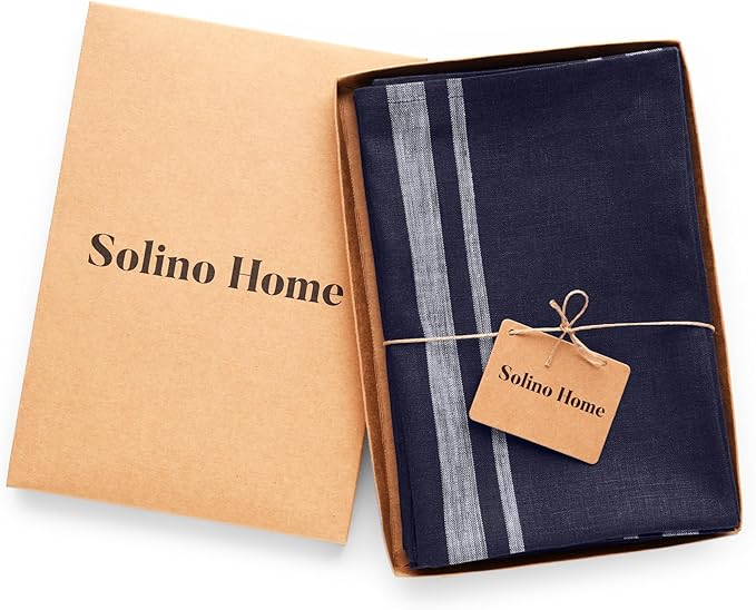 Solino Home Linen Cloth Napkins Set of 4-100% Pure Linen White and Navy Striped Dinner Napkins 20 x 20 Inch - French Stripe, Handcrafted and Machine Washable - Christmas, New Year