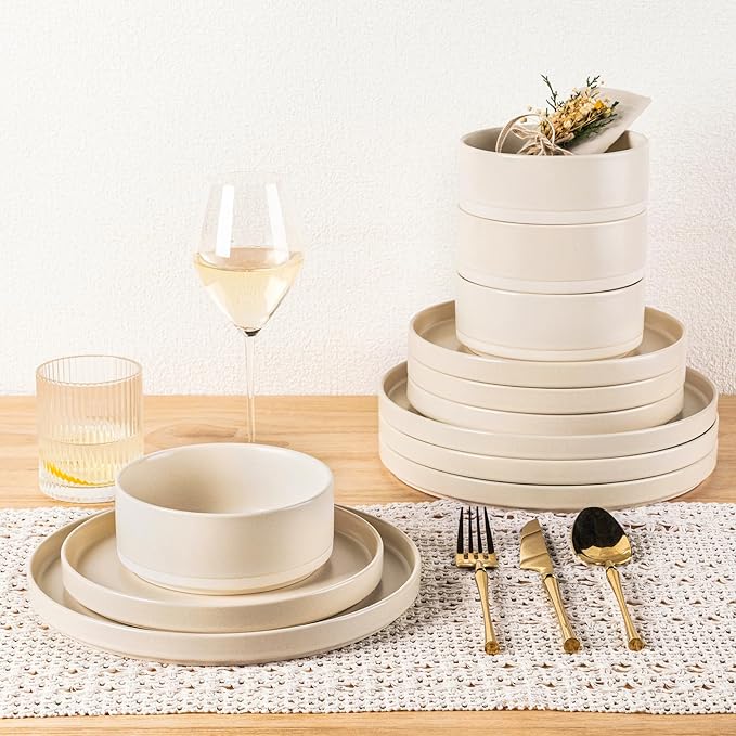 TheTerra Ceramic Dinnerware Sets for 8, 24 Pieces Handmade Reactive Glaze Plates and Bowls Set, Scratch Resistant Dish Set, Oven & Microwave & Dishwasher Safe, Matte White