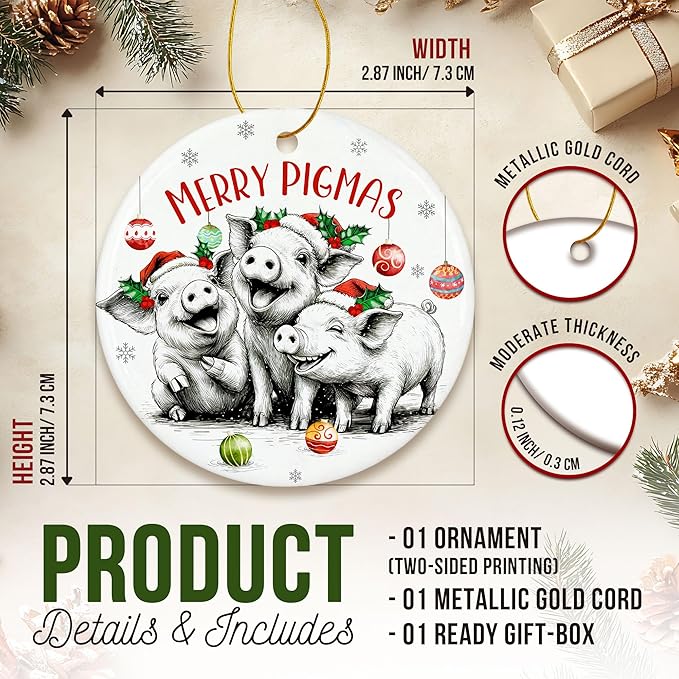 ZAGKOO Pig Christmas Ornament - Cute Pig Gifts for Women, Men - Pigs Lover Gift Ideas, Funny Animal Farm Ceramic Xmas Ornaments Tree Decorations