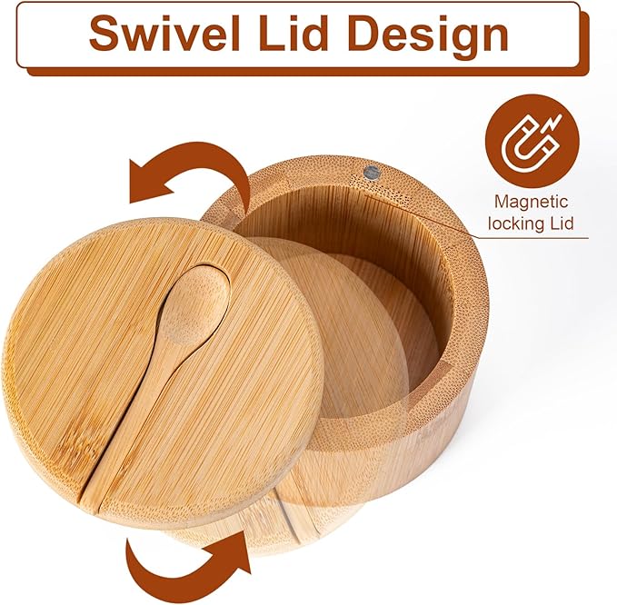 Bamboo Salt Cellar, Salt Box with Magnetic Swivel Lid, Spice Box with Spoon, Round Salt Container for Storing Salt Pepper Sugar Herbs,6 Ounce Capacity