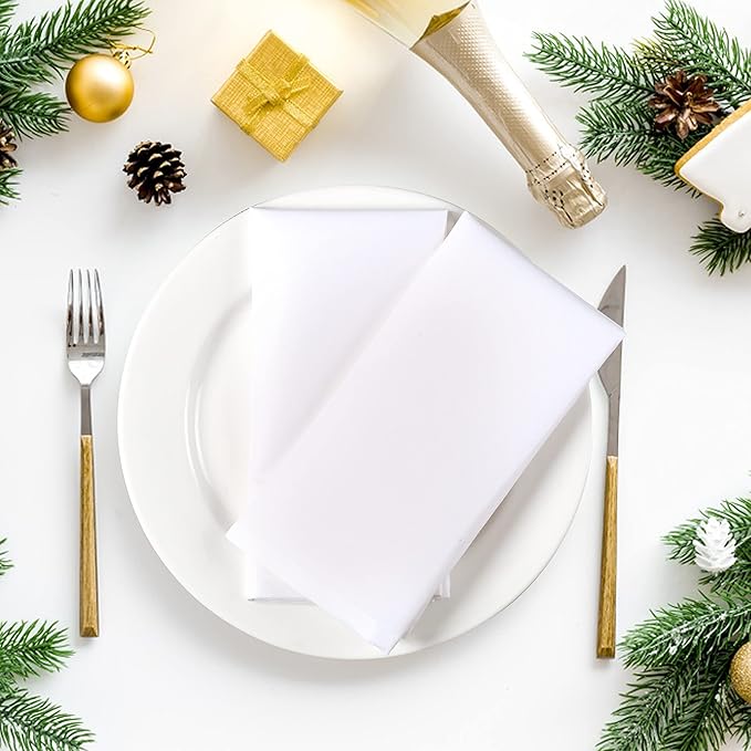 Ramanta Home Set of 12 Polyester Cloth Napkins 18x18 Inches - Washable Dinner Napkins with Hemmed Edges for Weddings, Thanksgiving, Hotel - Soft Durable Table Linen for Parties or Everyday Use - White
