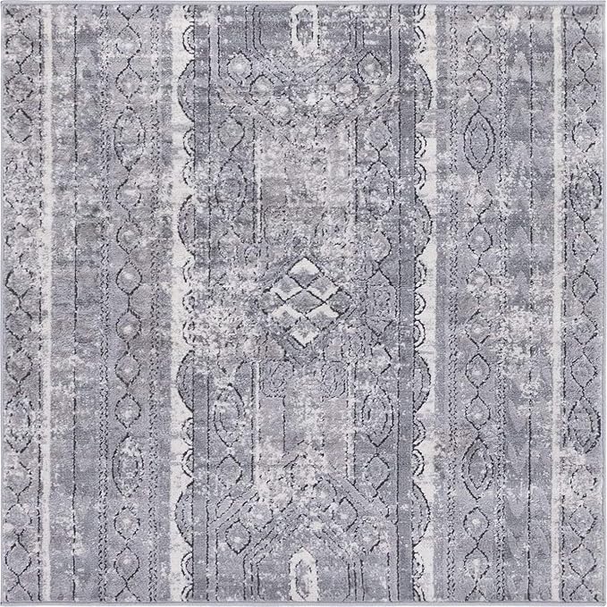 Rugs.com Oregon Collection Rug – 4 Ft Square Gray Low-Pile Rug Perfect for Living Rooms, Kitchens, Entryways