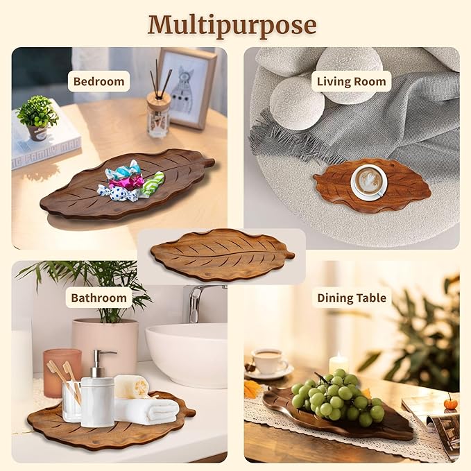 Acacia Wood Decorative Tray - 14" Serving Tray for Candles, Perfume, Leaf Wooden Jewelry Tray Trinket Dish - Farmhouse Table Centerpiece - Wooden Trays for Coffee Table Wedding Home Decor