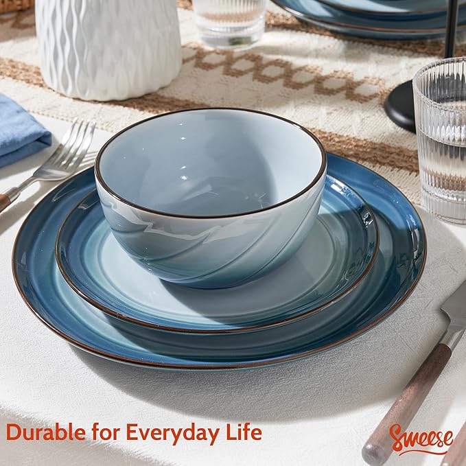 Sweese Porcelain Dinnerware Sets for 6, 18 Pieces Ceramic Plates and Bowls Sets, Handcrafted Minimalist Dinner Set, Chip and Scratch Resistant Dish Set, Dishwasher & Microwave Safe, Ocean Blue