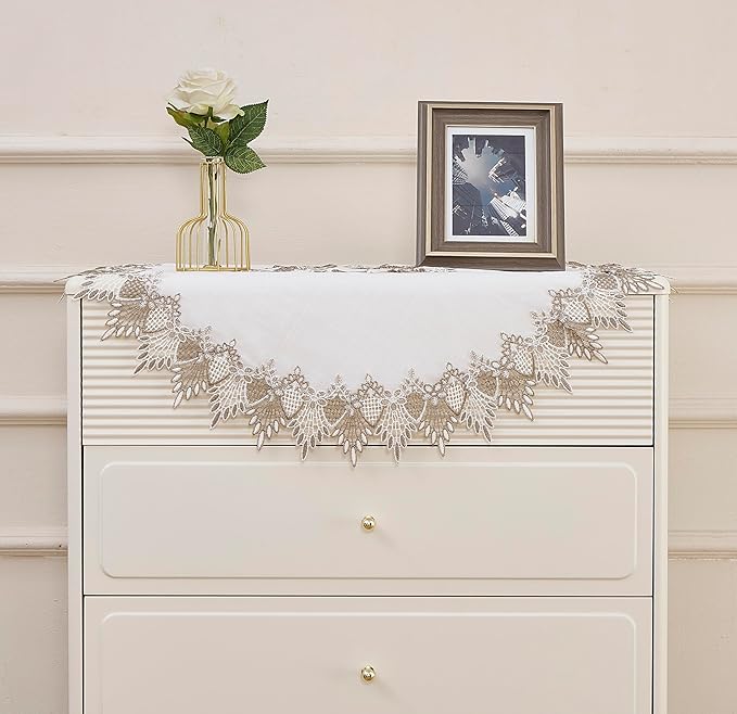 White Linen Decorative Lace Doily 33 inches Round Neutral Earth Tones Beige Lace Coffee Table Topper Dresser Scarf Place Mats (White, 33”Round)
