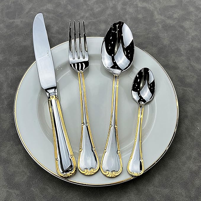 Gold Silverware Set 28 Piece Stainless Steel Golden Flatware Set for 7, Silver Tableware Set with Gold-Plated Trim, Gift Package for Christmas and Thanksgiving&Halloween