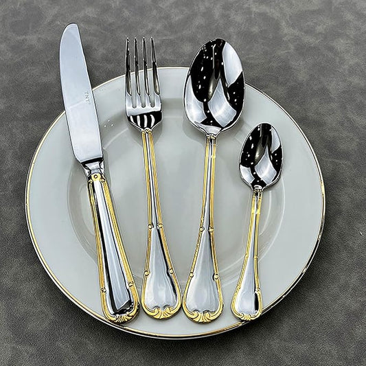 Gold Silverware Set 28 Piece Stainless Steel Golden Flatware Set for 7, Silver Tableware Set with Gold-Plated Trim, Gift Package for Christmas and Thanksgiving&Halloween