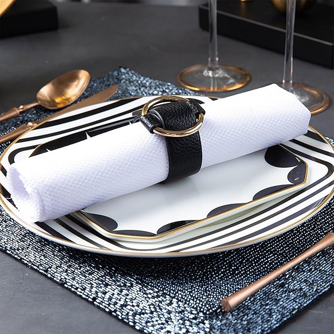 gold trim dinnerware set service for 2, 8 pieces black and white ceramic plate set, bone china plate and cup sets for hotel, birthday, Mother's Day