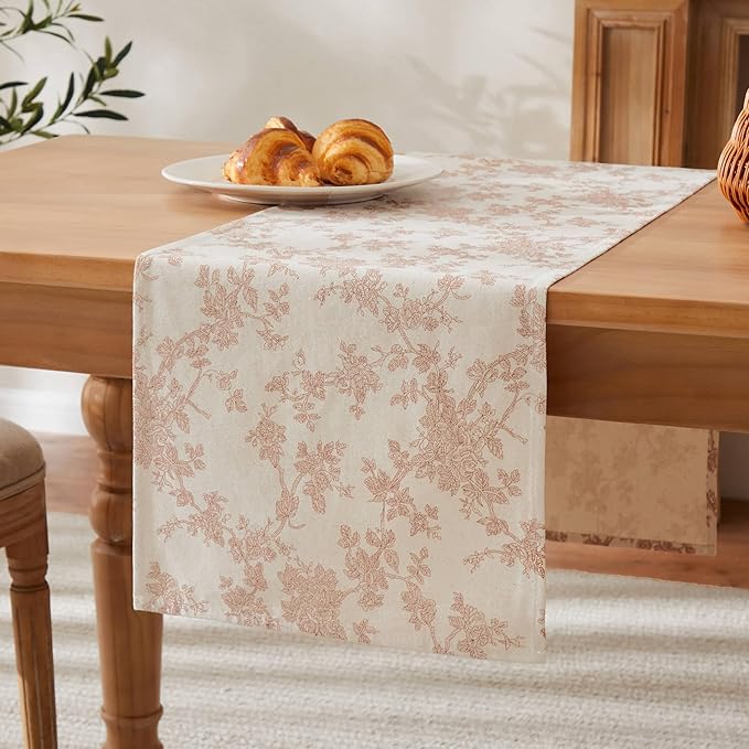 100% Cotton French Pastoral Table Runners, 13x90 Inch Taupe Farmhouse Table Runners 90 Inches Long, Vintage Flowers Print Home Decors
