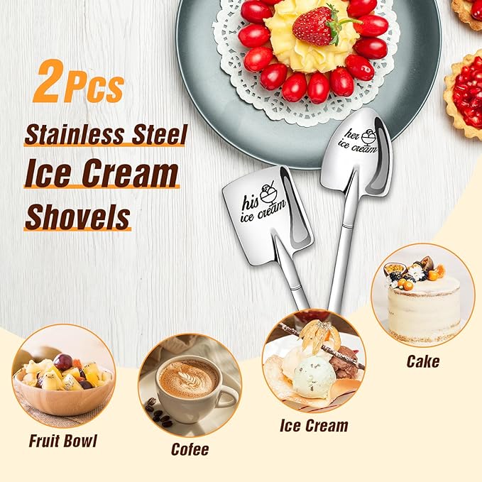2 Pcs Engraved Ice Cream Shovel Gifts for Couples - His and Hers Stainless Steel Ice Cream Spoons Gifts for Him and Her - Christmas Engagement Anniversary Birthday Gifts for Couple Wife Girlfriend