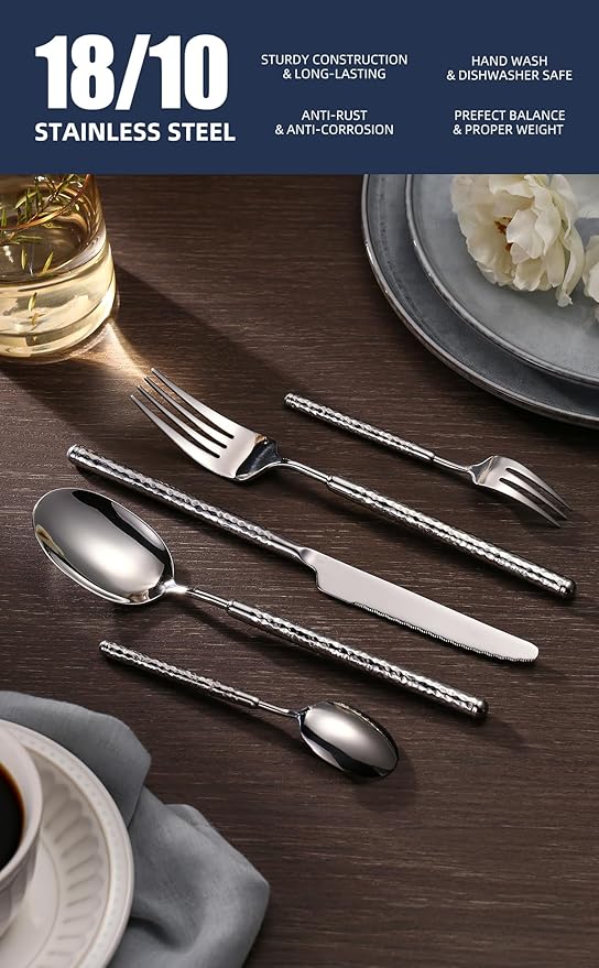 10-Piece Silverware Set, Stainless Steel Flatware Set for 2, Modern Hammered Utensil Tableware Set Include Dinner Knife/Fork/Spoon, Mirror Finish, Dishwasher Safe (10, silver)