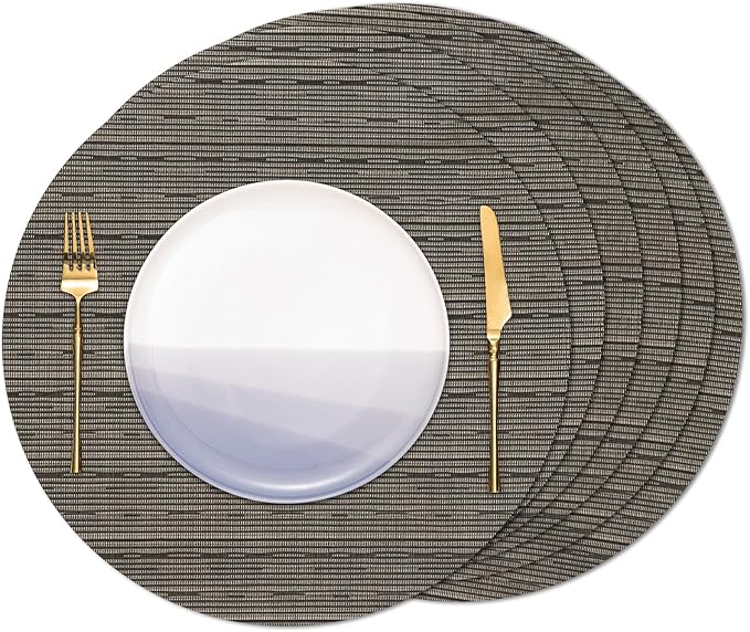 Round Placemats Set of 6 Heat Resistant Vinyl Placemats 15 inch Washable Non-Slip Table Mats Woven Place Mats for Dining Table (Black + Golden, Set of 6)