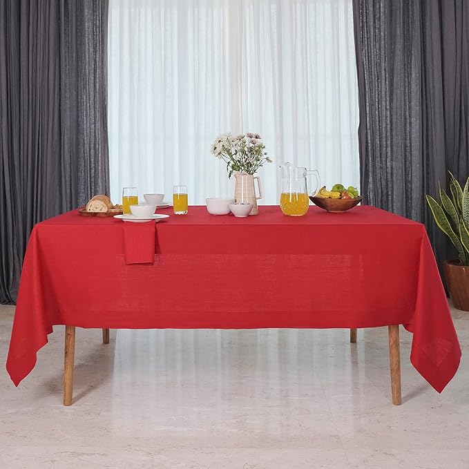 D'Moksha Homes Bright Red Linen Tablecloth 54 x 72 Inch - 100% Pure Linen Tablecloth for Rectangle Tables - Machine Washable Table Cloth for Winter, Christmas, Holiday, New Year